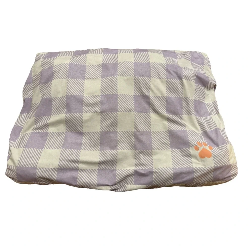 Medium Dog Cat Pet Bed Mat Cozy Soft Plush Gingham Paw Print Lavender‎ White